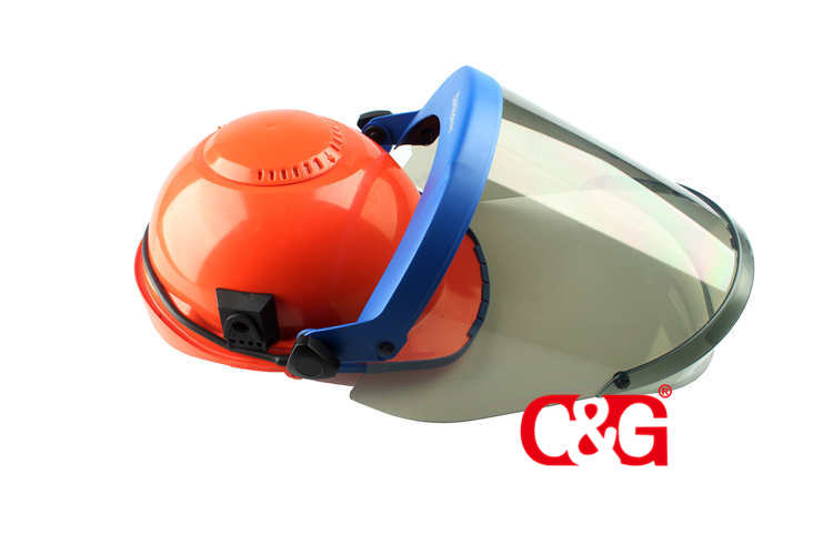 Light Gray Polycarbonate 12 cal Faceshield With Slotted Adapter And Hard Hat